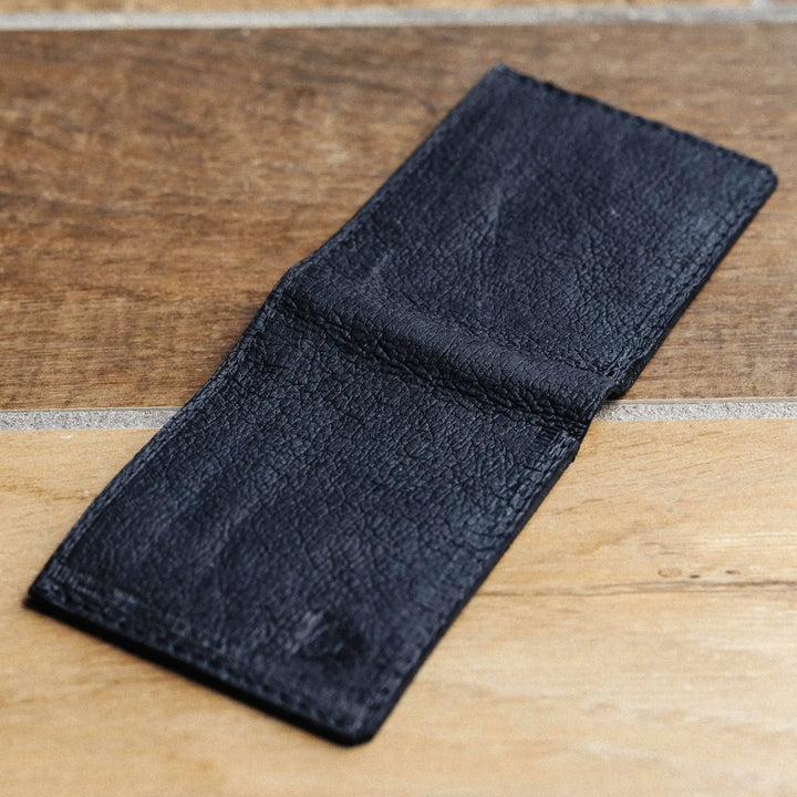 Black wallet on a wooden surface