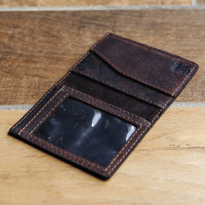 dark brown leather wallet on wooden surface